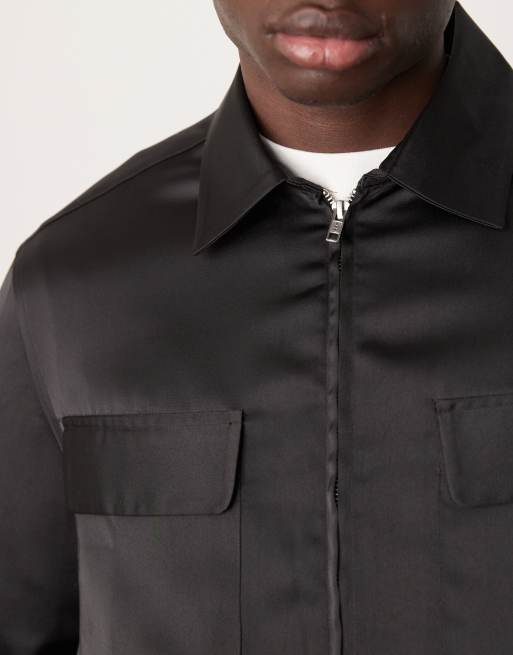 ASOS DESIGN overshirt with patch pockets in black
