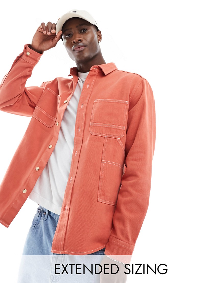 Asos Design Overshirt With Patch Worker Pockets In Washed Orange