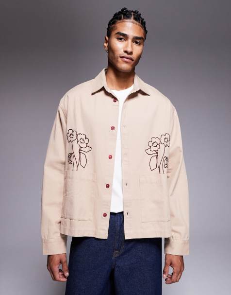 ASOS DESIGN overshirt with placement embroidery with double pockets in stone - view 1