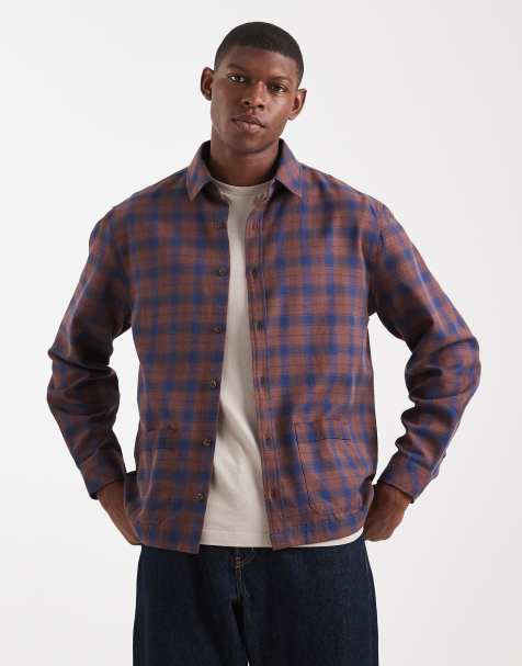 ASOS DESIGN overshirt with pockets in brown check - view 1