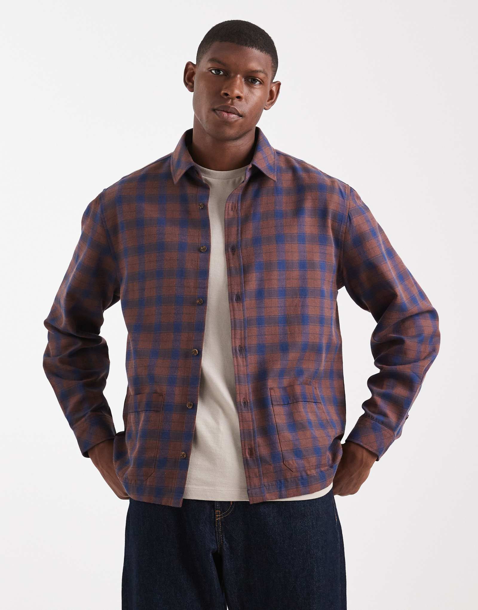 ДИЗАЙНЕРСКАЯ верхняя рубашка ASOS с карманами в коричневую клетку 