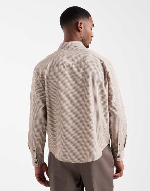 ASOS DESIGN overshirt with workwear badge detail in brown stripes, 3 of 5