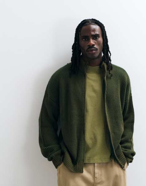 ASOS DESIGN oversize a coste da pescatore con collo alto e chiusura con zip in khaki - view 1