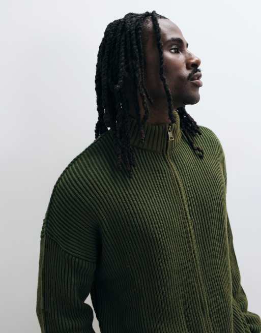 ASOS DESIGN oversize a coste da pescatore con collo alto e chiusura con zip in khaki, 2 di 5