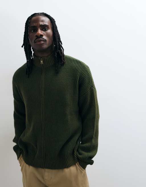 ASOS DESIGN oversize a coste da pescatore con collo alto e chiusura con zip in khaki, 5 di 5