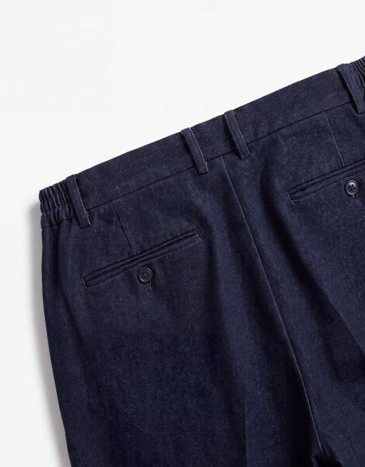 ASOS DESIGN oversize avsmalnande byxor i denimlook med halvresår i midjan i marinblått, 9 av 9