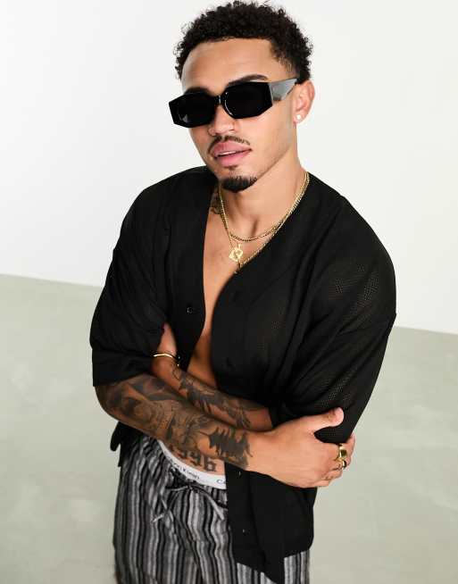 ASOS DESIGN – Oversize-Baseballhemd aus Sport-Netzstoff in Schwarz