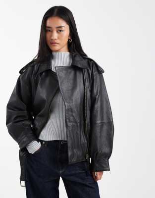 ASOS DESIGN - Oversize-Bikerjacke aus echtem Leder in Schwarz