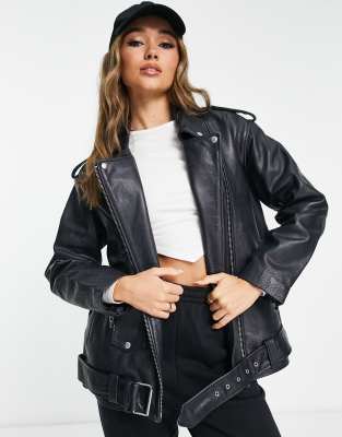 ASOS DESIGN - Oversize-Bikerjacke aus hochwertigem echtem, gewaschenem Leder in Schwarz