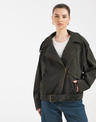 ASOS DESIGN - Oversize-Bikerjacke in Lederoptik in Khaki-Grün