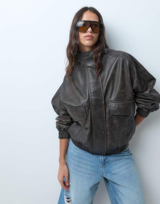 ASOS DESIGN Oversize-Bomberjacke aus echtem Leder in verwaschenem Braun, 4 von 4