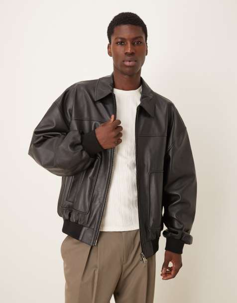 ASOS DESIGN – Oversize-Bomberjacke in Schwarz aus Echtleder - view 1