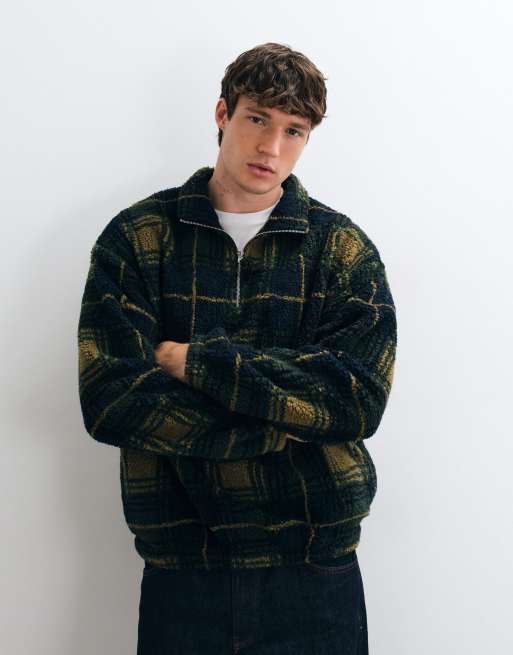 ASOS DESIGN Oversize-Borg-Pullover mit Viertelreißverschluss und Karoprint in Grün, 2 von 5