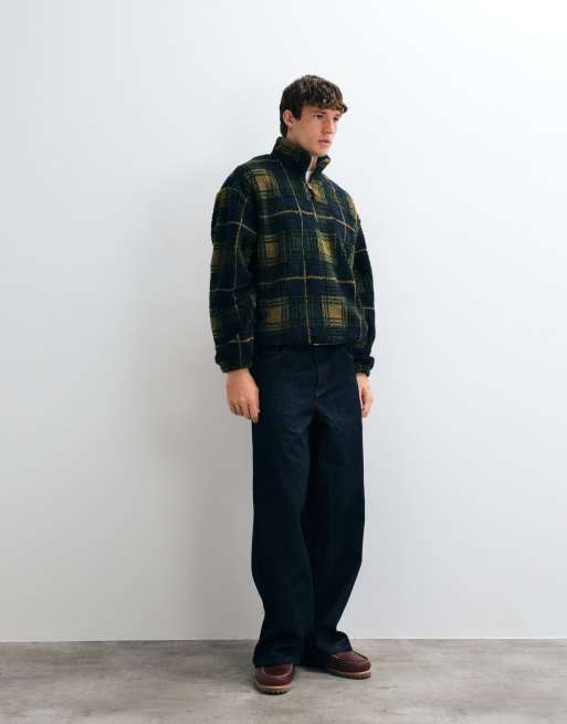 ASOS DESIGN Oversize-Borg-Pullover mit Viertelreißverschluss und Karoprint in Grün, 4 von 5