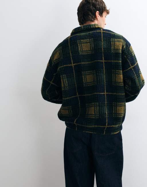 ASOS DESIGN oversize borg-tröja med kvartslång dragkedja och rutigt tryck i grönt, 3 av 5