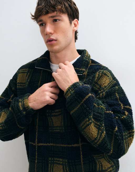 ASOS DESIGN oversize borg-tröja med kvartslång dragkedja och rutigt tryck i grönt, 5 av 5