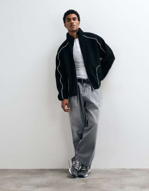 ASOS DESIGN oversize borgfleece med dragkedja och kantband i svart, 2 av 5