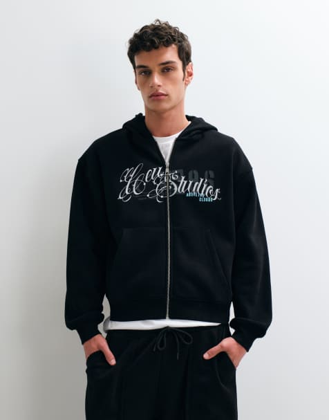 ASOS DESIGN oversize boxig huvtröja med dragkedja och pigmenttryck i svart - view 1