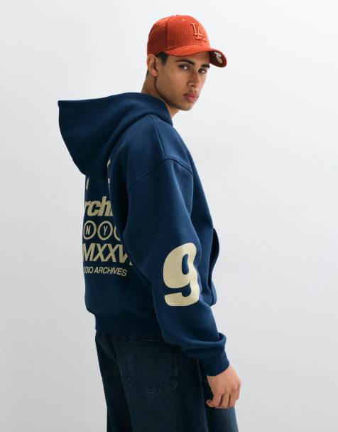 ASOS DESIGN oversize boxig huvtröja med dragkedja och tryck i marinblå - view 1