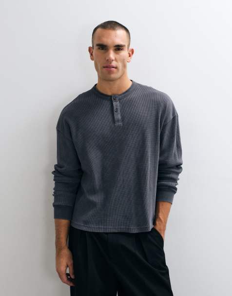 ASOS DESIGN Oversize-boxy Henley mit Waschung und Waffelstruktur in Grau - view 1