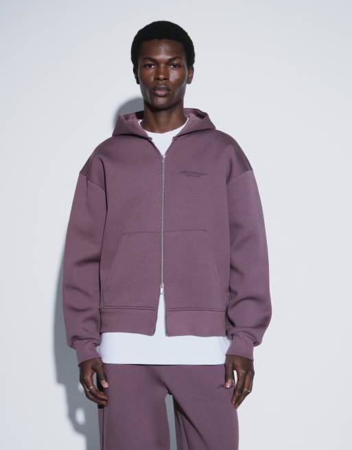 ASOS DESIGN Oversize-Boxy-Kapuzenpullover mit Stickprint aus Scuba-Material in Lila, 2 von 6