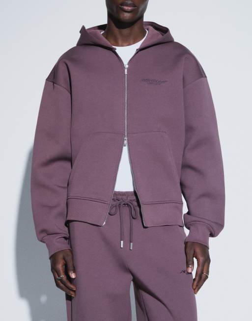 ASOS DESIGN Oversize-Boxy-Kapuzenpullover mit Stickprint aus Scuba-Material in Lila, 3 von 6
