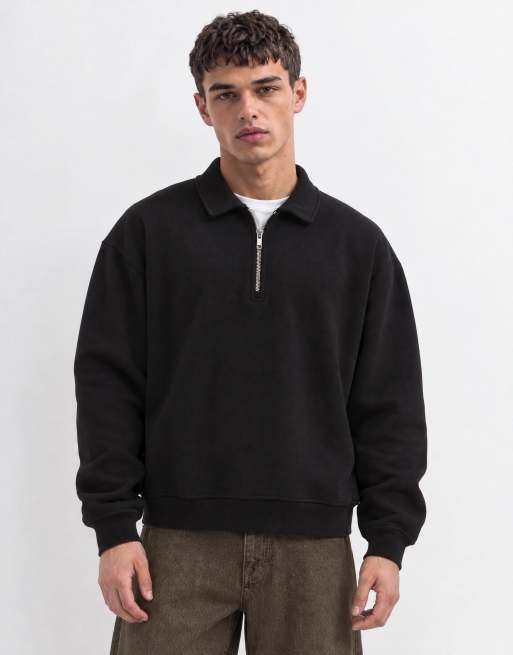 ASOS DESIGN oversize boxy polo z krótkim zamkiem w czerni, 9 z 10