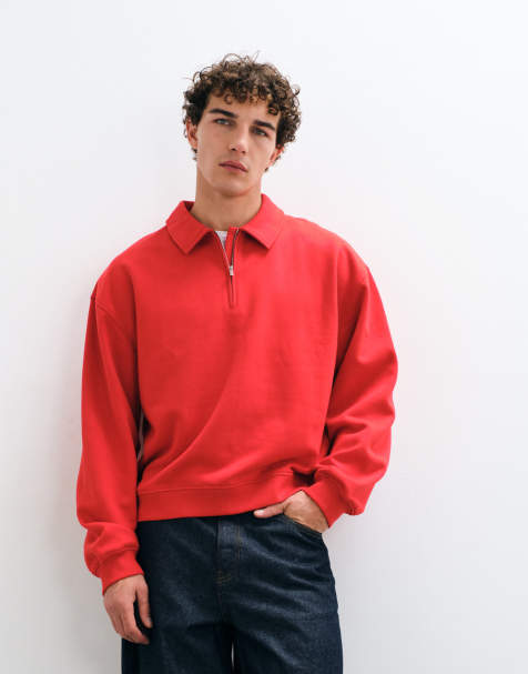 ASOS DESIGN oversize boxy polo z zamkiem do połowy w kolorze czerwonym - view 1