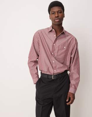 Asos Design Oversize Boxy Shirt In Burgundy Stripe-red