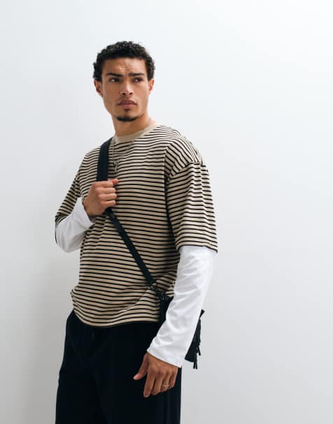 ASOS DESIGN oversize boxy T-shirt z podwójnymi rękawami w beżowe paski - view 1