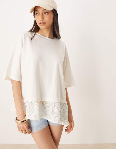 ASOS DESIGN oversize boxy tee with lace hem detail in ivory - view 1