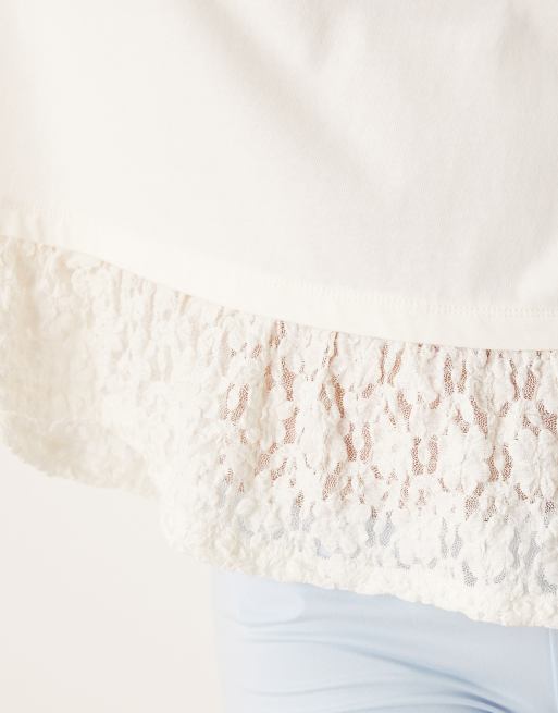 ASOS DESIGN oversize boxy tee with lace hem detail in ivory, 4 of 4