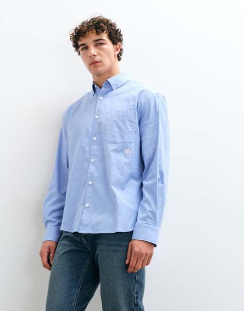 ASOS DESIGN oversize broderad skjorta med rundad fåll i blått - view 1