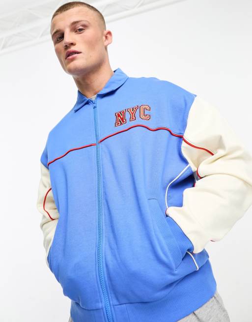 ASOS DESIGN – Oversize-College-Bomberjacke aus Jersey in Blau, Kombiteil, 3 von 4
