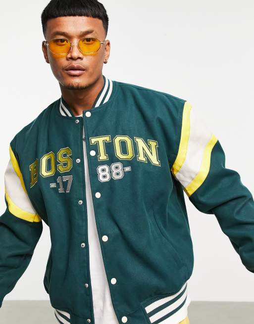 ASOS DESIGN – Oversize-College-Bomberjacke in grüner Wolloptik