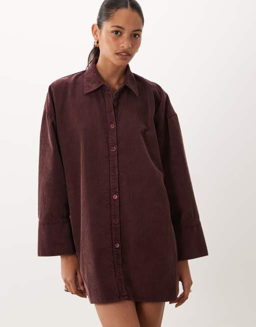 ASOS DESIGN Oversize-Cord-Hemdkleid in verwaschenem Burgunderrot, 2 von 4