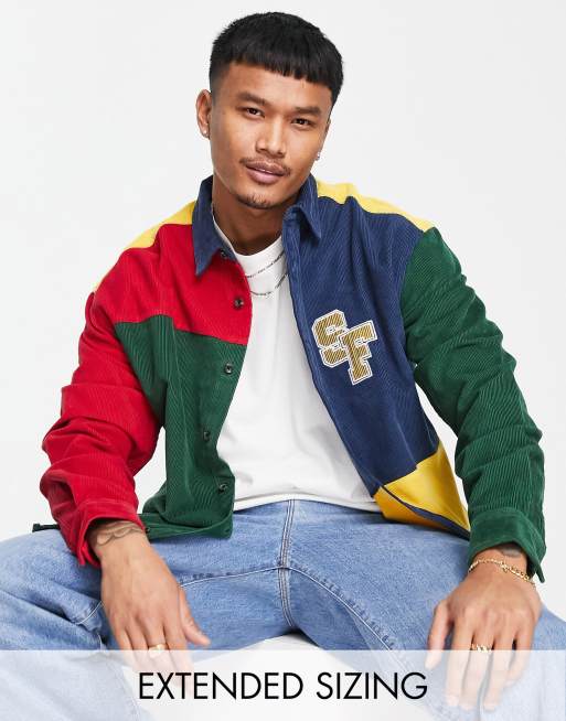 ASOS DESIGN – Oversize-Cordhemd im Collegestil mit Farbblockdesign im Stil der 90er und Print auf der Brust