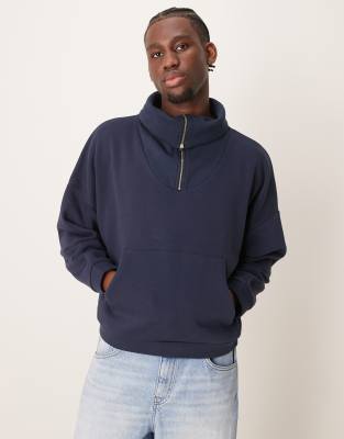 oversize drop shoulder boxy sweater with oversize funnel neck in navy-Gray