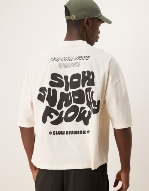 ASOS DESIGN oversize drop shoulder T-shirt with slow Sunday graphic in off white - view 1