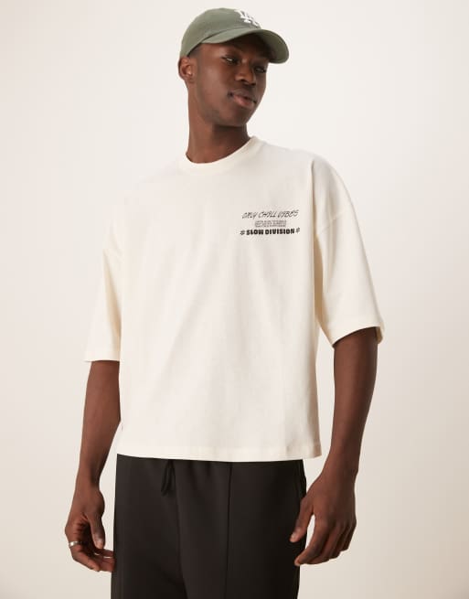 ASOS DESIGN oversize drop shoulder T-shirt with slow Sunday graphic in off white