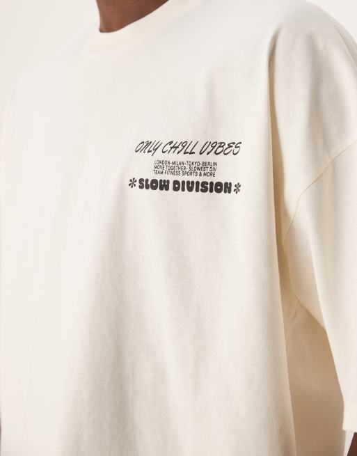 ASOS DESIGN oversize drop shoulder T-shirt with slow Sunday graphic in off white