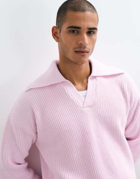 ASOS DESIGN oversize dzianinowy sweter polo z bardzo szerokim otwartym kołnierzem w jasnoróżowym kolorze - view 1