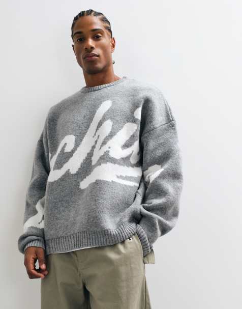 ASOS DESIGN oversize dzianinowy sweter z nadrukiem w kolorze szarym - view 1