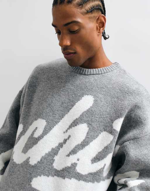ASOS DESIGN oversize dzianinowy sweter z nadrukiem w kolorze szarym, 5 z 5