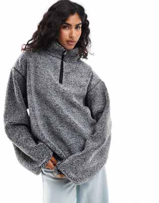 ASOS DESIGN - Oversize-Fleecepullover aus Teddyfell in Grau meliert mit kurzem Reißverschluss