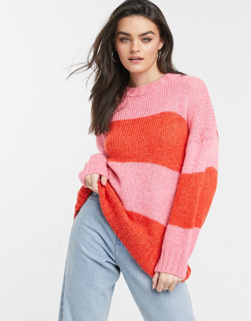 ASOS DESIGN oversize fluffy sweater in block stripe-Pink