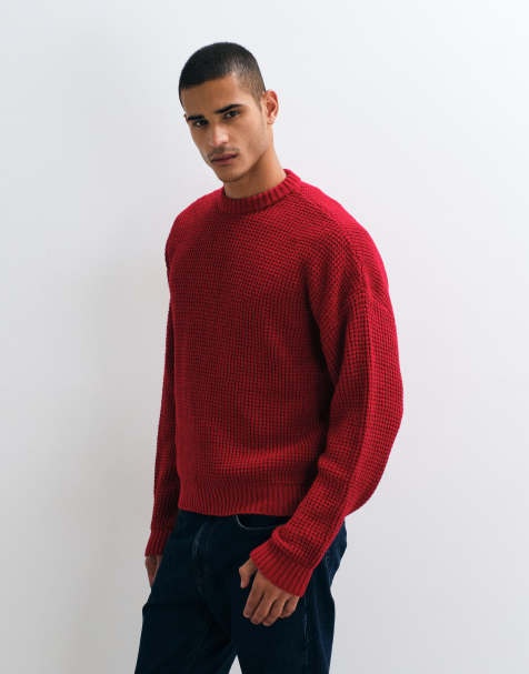 ASOS DESIGN oversize grovstickad tröja i burgundy med våffelstickning - view 1