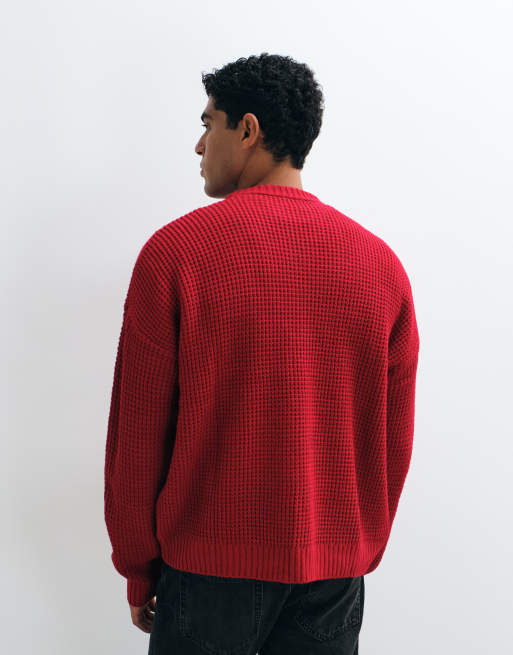 ASOS DESIGN oversize grovstickad tröja i burgundy med våffelstickning, 3 av 5