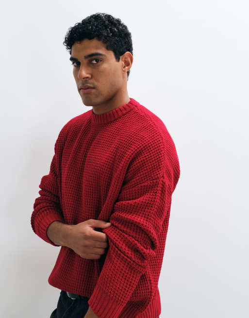ASOS DESIGN oversize grovstickad tröja i burgundy med våffelstickning, 4 av 5