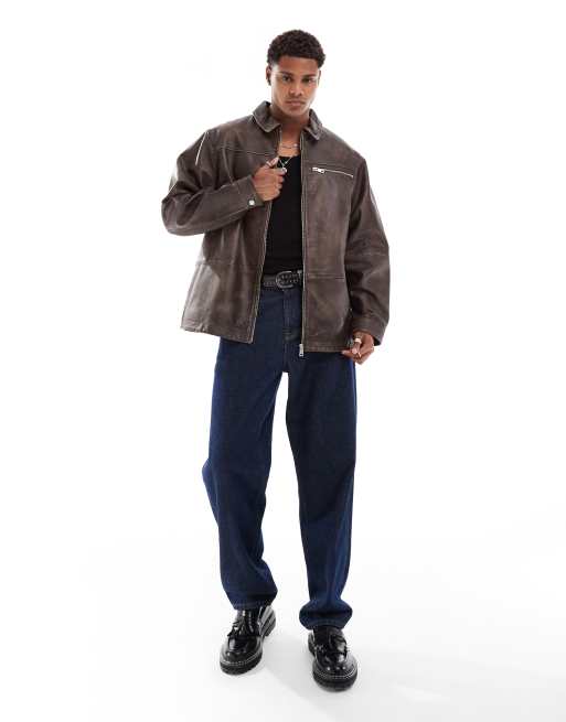 ASOS DESIGN – Oversize-Harrington-Jacke aus Echtleder in Braun mit Abnutzungseffekten